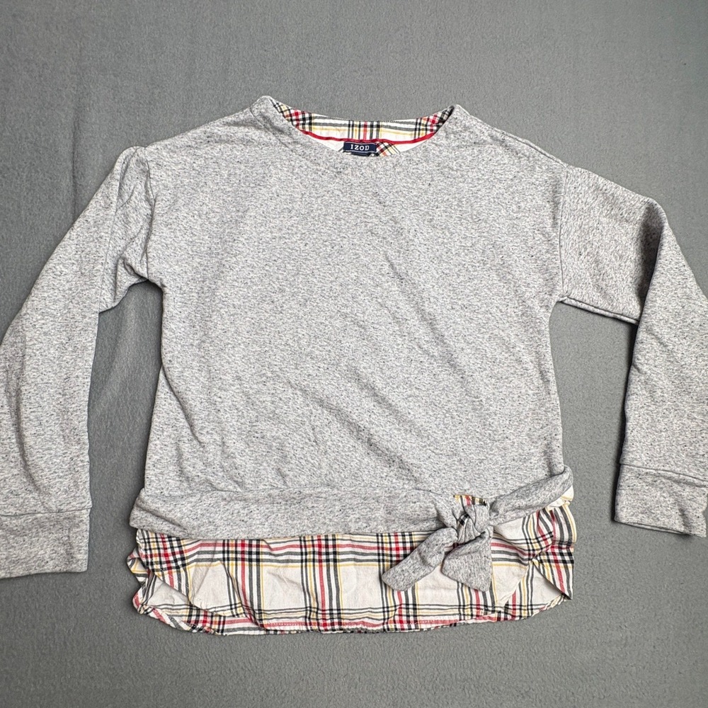 IZOD‎ Womens Grey Heather Plaid Layered Look Side Tie Top Small